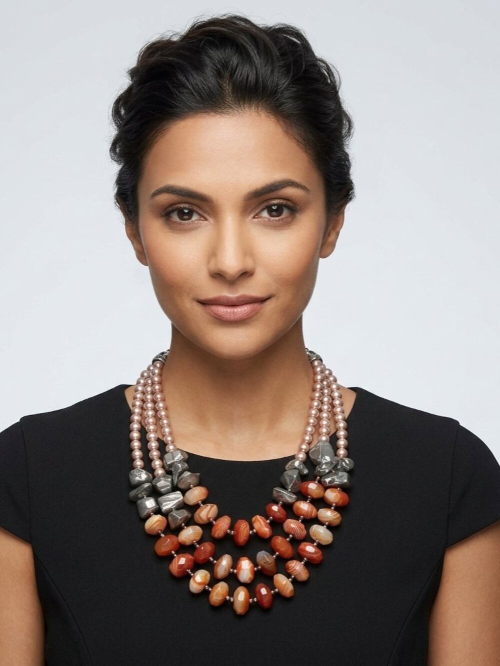 Ali Khan 3 layer necklace with glass beads coral gray and champagne